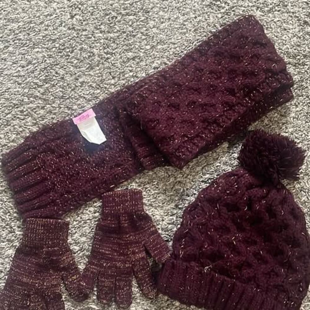 Girls Taby Burgundy and Gold Knit Scarf, Beanie, and Glove Set
